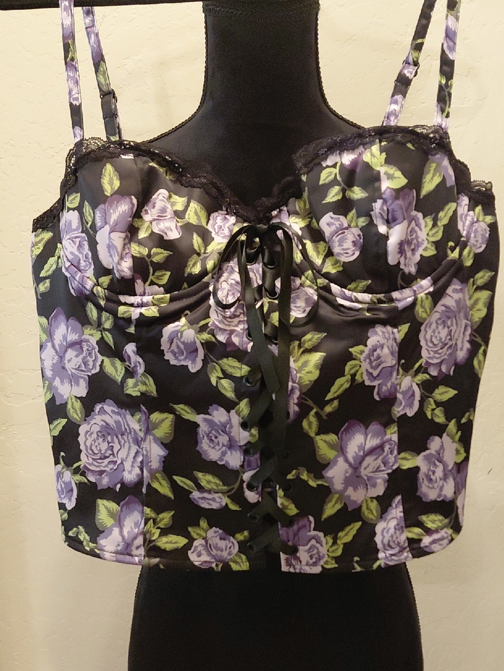 Dolls Kill XXL Black Bustier  CORCET Top with Lavender and Lime Floral Accents